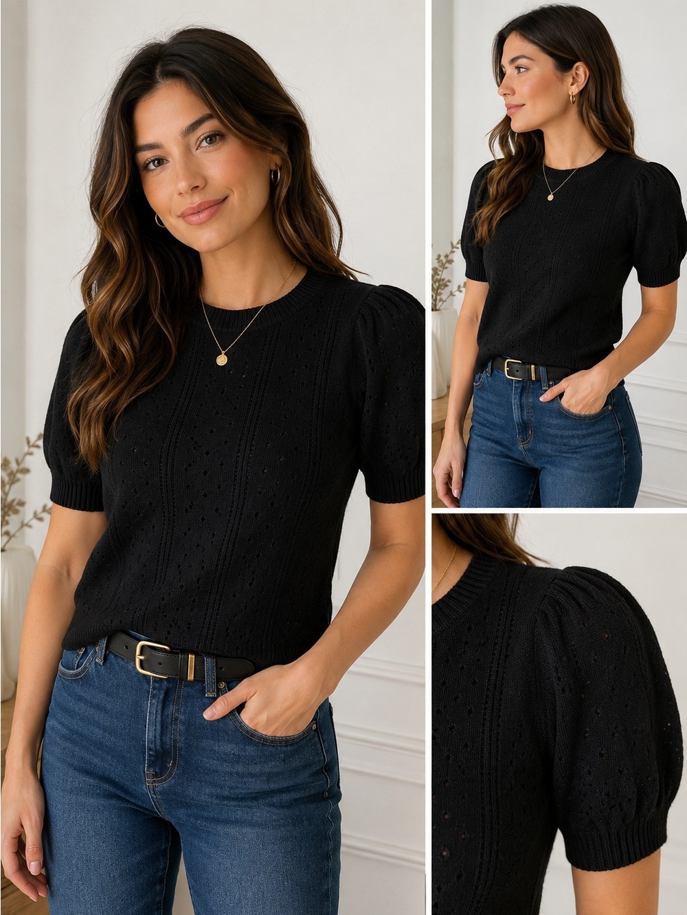 Merokeety Black Puff Sleeve Pointelle Knit Sweater Top Small